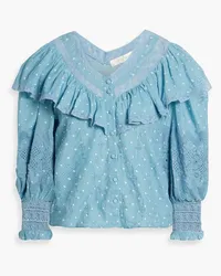 LoveShackFancy Bunnie ruffled embroidered polka-dot cotton blouse - Blue Blue