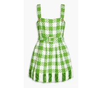 Belted gingham cotton-blend tweed mini dress - Green