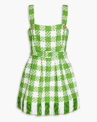 Oscar de la Renta Belted gingham cotton-blend tweed mini dress - Green Green