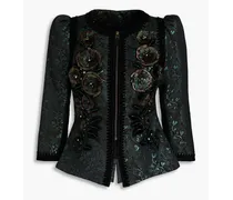 Asymmetric metallic embellished jacquard jacket - Black