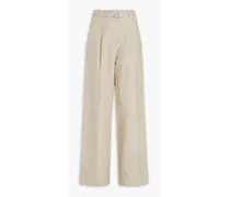Belted linen and cotton-blend twill wide-leg pants - Neutral
