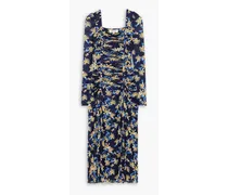 Amelie ruched floral-print stretch-mesh midi dress - Blue