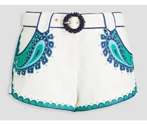 Embellished paisley-print linen shorts - White