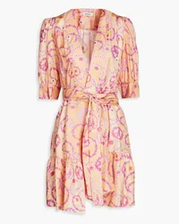 Sandro Gathered floral-print silk-twill mini wrap dress - Orange Orange