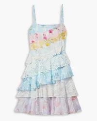 LoveShackFancy Imata patchwork tiered lace and floral-print silk crepe de chine mini dress - Blue Blue