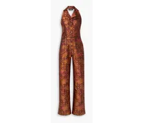 Silk and wool-blend jacquard halterneck jumpsuit - Brown