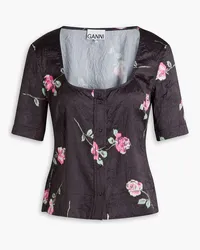 Ganni Floral-print crinkled-satin blouse - Black Black