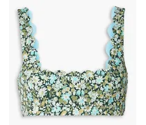 Palm Springs scalloped floral-print stretch-seersucker bikini top - Blue