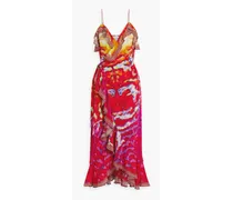 Embellished printed silk crepe de chine maxi wrap dress - Red