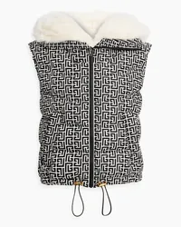 Balmain Faux fur-trimmed quilted logo-print shell hooded vest - Black Black