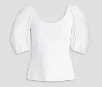 Stretch-knit paneled cotton-blend poplin top - White