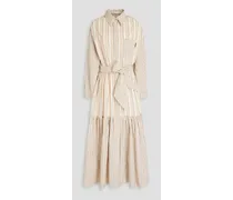 Belted striped cotton and silk-blend poplin maxi shirt dress - White