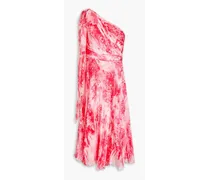 One-shoulder pleated printed georgette midi dress - Pink