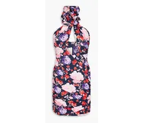 Appliquéd cutout floral-print jersey halterneck mini dress - Blue