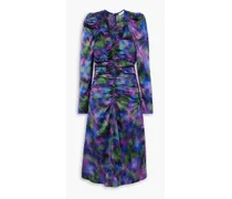 Ruched printed stretch-silk satin midi dress - Purple