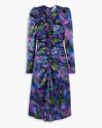 Ganni Ruched printed stretch-silk satin midi dress - Purple Purple