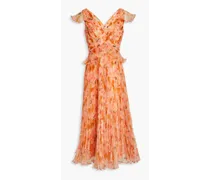 Holly pleated floral-print organza midi dress - Orange