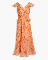 THEIA Holly pleated floral-print organza midi dress - Orange Orange