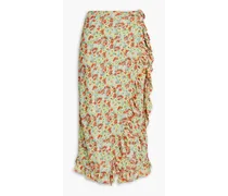 Ruffled floral-print stretch-mesh midi wrap skirt - Green