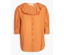 Lace-trimmed ruffled crepe de chine blouse - Orange