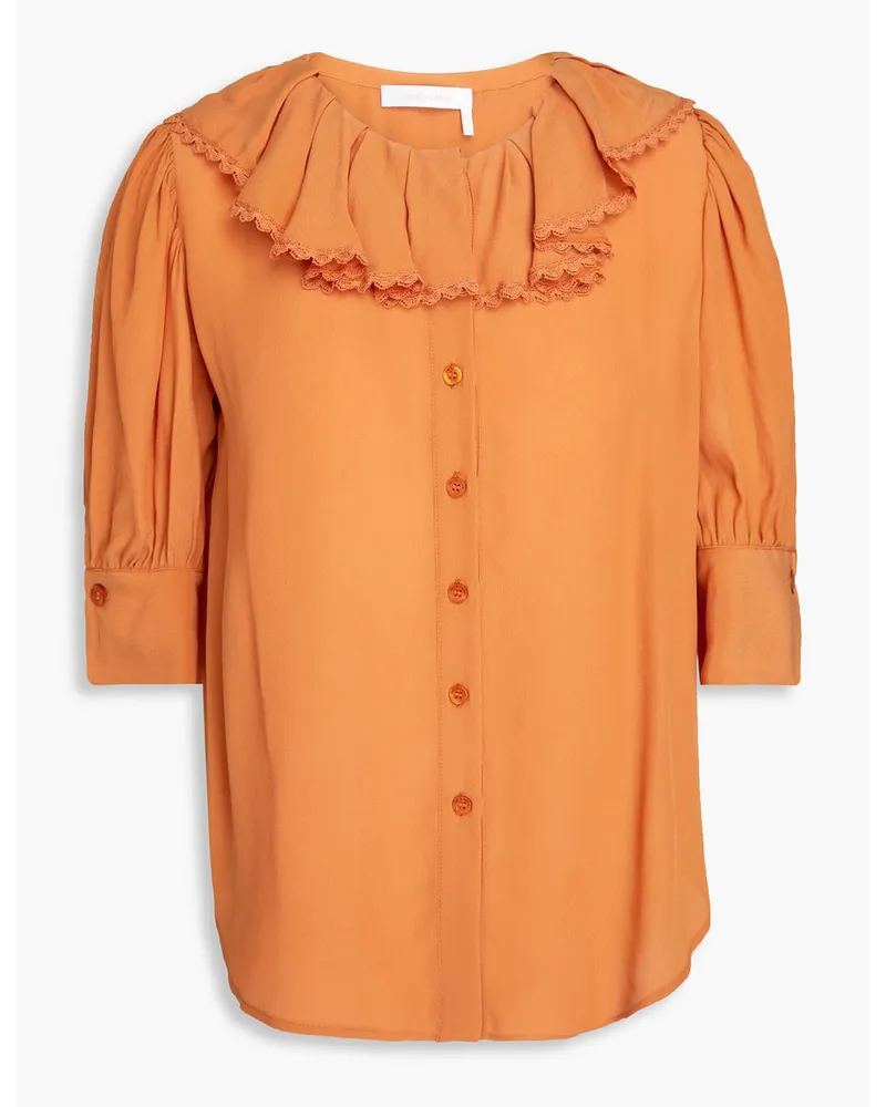 See by Chloé Lace-trimmed ruffled crepe de chine blouse - Orange Orange