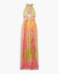 Retrofête Zion gathered printed silk-chiffon halterneck maxi dress - Pink Pink