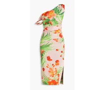 One-shoulder floral-print stretch-cotton poplin midi dress - Pink