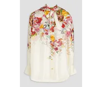 Floral-print silk-twill hooded shirt - White