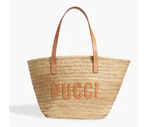 Leather-trimmed raffia tote - Pink