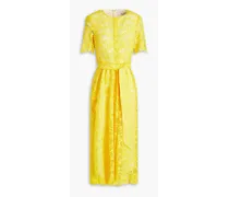 Gathered belted macramé lace midi dress - Yellow