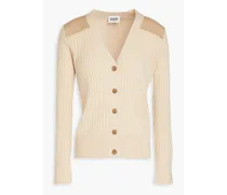 Cotton-twill paneled ribbed-knit cardigan - Neutral