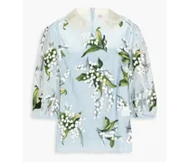 Embroidered floral-print point d'espirit blouse - Blue