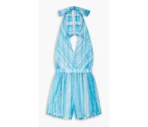 Striped crochet-knit halterneck playsuit - Blue