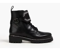 Nina crystal-embellished leather combat boots - Black