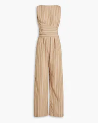 Brunello Cucinelli Bead-embellished striped cotton-poplin wide-leg jumpsuit - Neutral Neutral