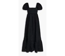 Shirred broderie anglaise cotton maxi dress - Black