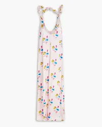 Ganni Knotted cutout floral-print silk-blend satin midi dress - Pink Pink