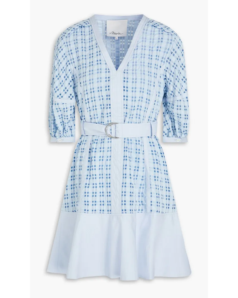 3.1 phillip lim Belted checked seersucker and taffeta mini dress - Blue Blue