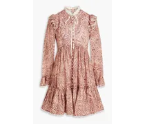 Lace-trimmed paisley-print linen mini dress - Pink