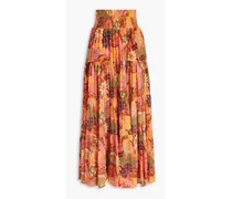 Sage tiered printed silk-crepon maxi skirt - Orange