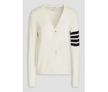 Striped ribbed pointelle-knit cotton and silk-blend cardigan - White