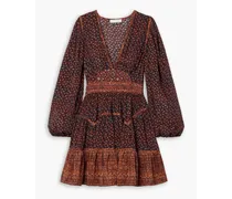 Hayana ruffled printed silk crepe de chine mini dress - Brown