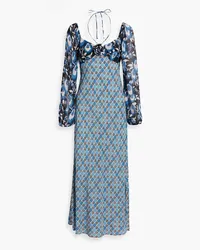 RIXO Jeanie floral-appliquéd printed crepe midi dress - Blue Blue