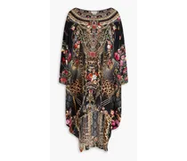 Crystal-embellished printed silk crepe de chine dress - Black