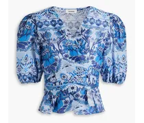 Printed linen-blend gauze wrap blouse - Blue