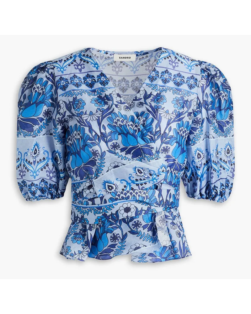 Sandro Printed linen-blend gauze wrap blouse - Blue Blue