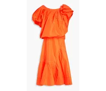 One-shoulder ruffled cotton-blend poplin midi dress - Orange
