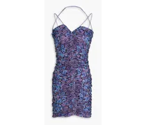 Ruched floral-printed mesh mini dress - Purple