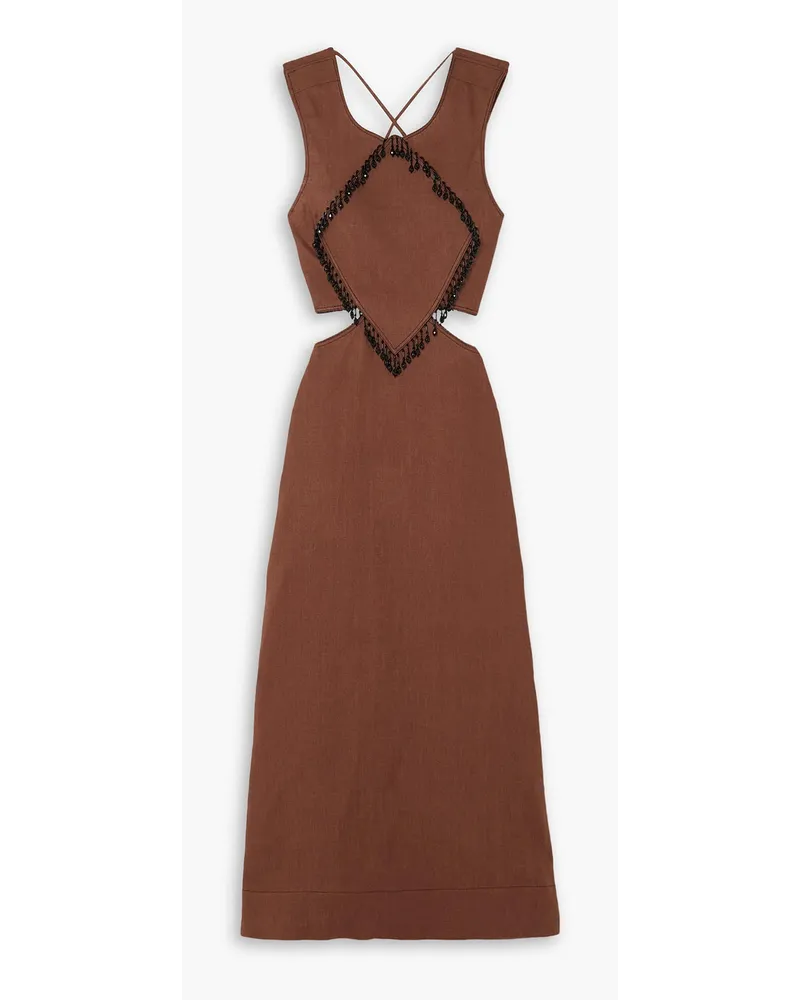 Ganni Bead-embellished cutout hemp maxi dress - Brown Brown