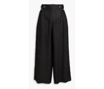 Cropped pleated linen-twill wide-leg pants - Black